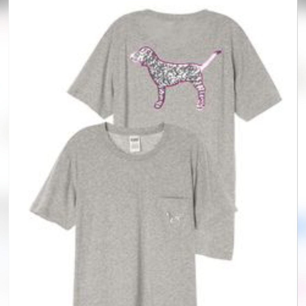 PINK Victoria's Secret Oversized Bling Vintage Sequin Dog Logo Pocket Tee XS
